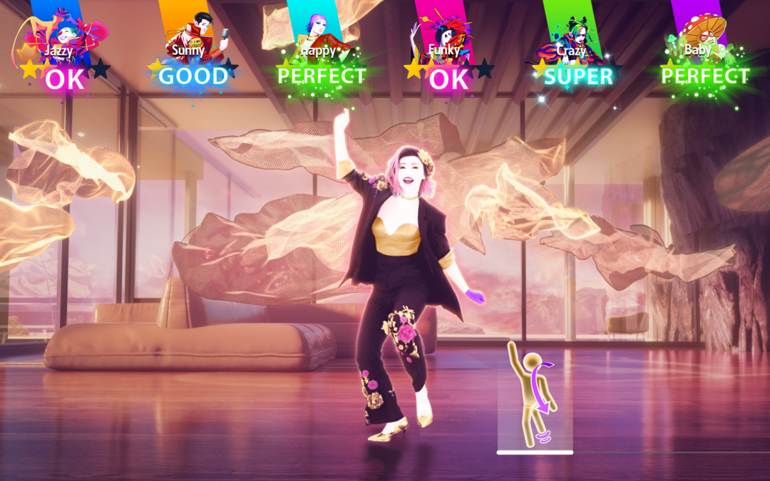A still from the video game Just Dance 2024. An animated dancer performs steps that are reflected in a stick figure pictogram on the bottom right of the screen. Scrolling across the top are characters giving feedback with brightly colored words: OK, GOOD, or PERFECT.