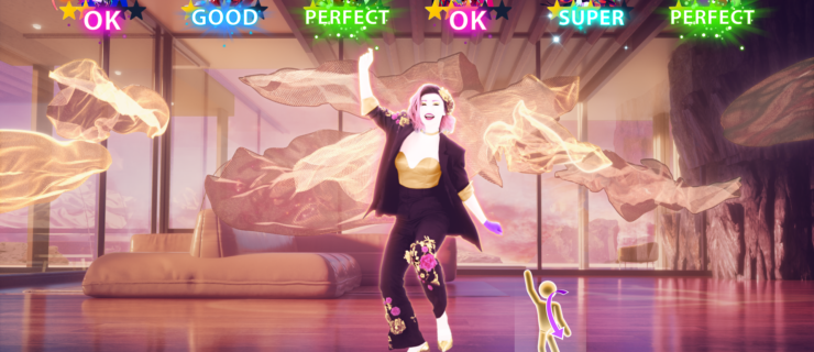 A still from the video game Just Dance 2024. An animated dancer performs steps that are reflected in a stick figure pictogram on the bottom right of the screen. Scrolling across the top are characters giving feedback with brightly colored words: OK, GOOD, or PERFECT.