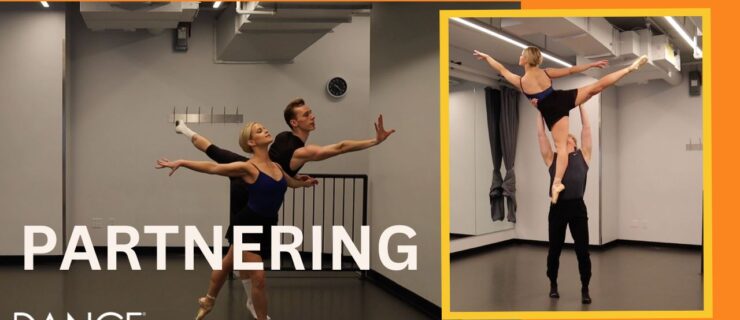 A collaged image featuring two photographs of Hilton—in a navy leotard, black bike shorts and pointe shoes—practicing partner work with two different male partners in a dance studio with a gray marley floor.