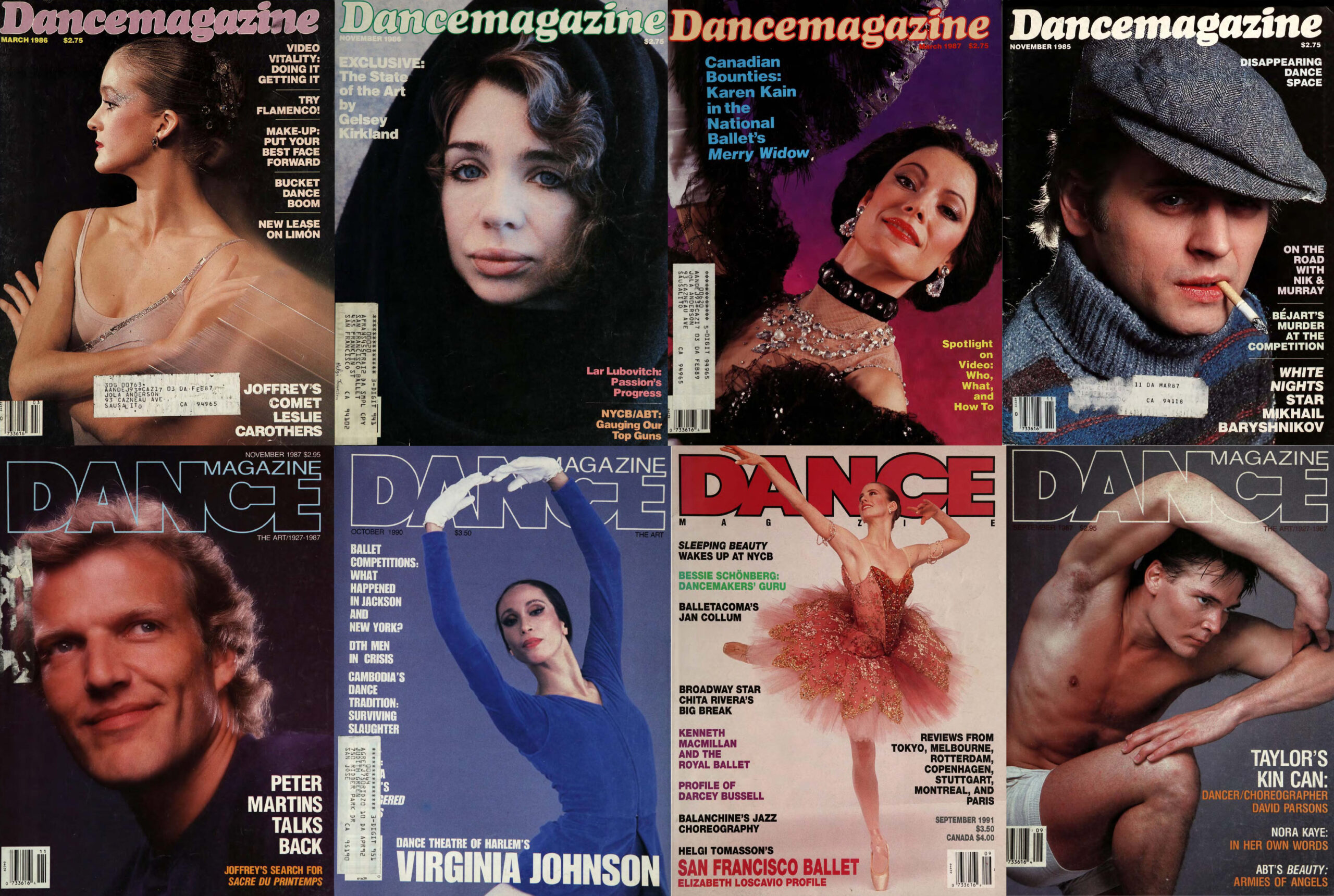 A collage of eight vintage Dance Magazine covers