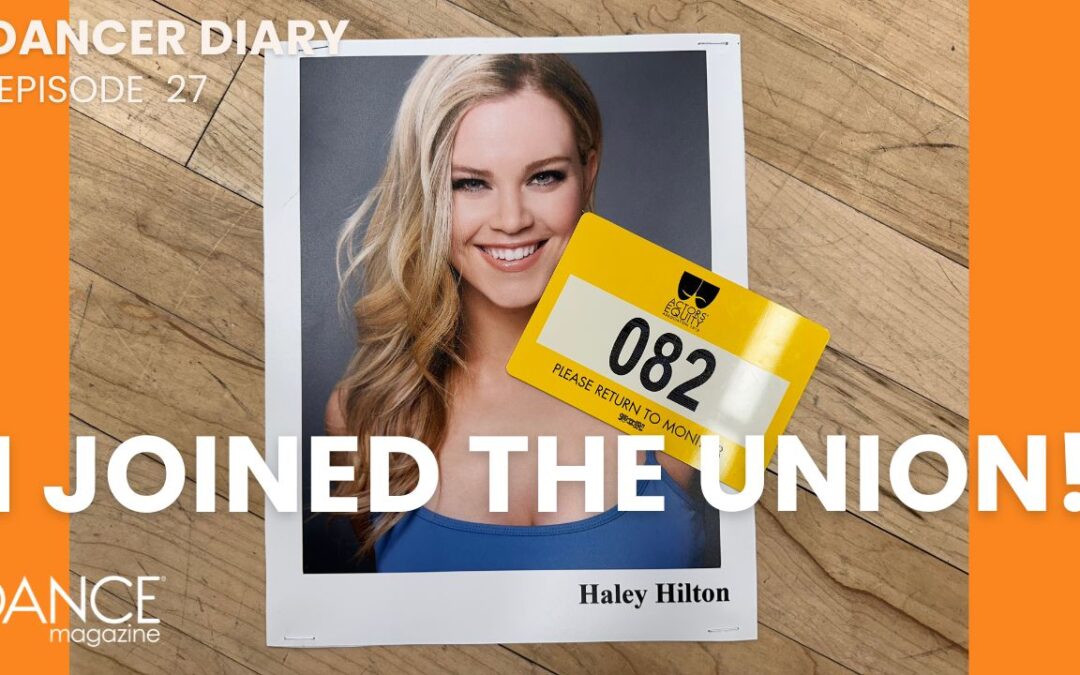 Haley Hilton's headshot, featuring Hilton smiling broadly, sits on a wood floor along with a yellow Equity audition number. The text "I Joined the Union!" is superimposed in white.