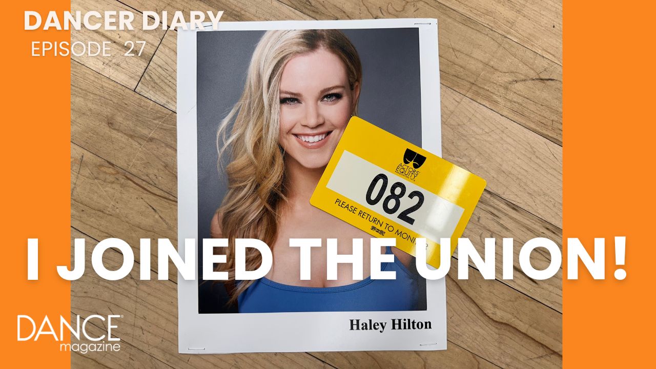 Haley Hilton's headshot, featuring Hilton smiling broadly, sits on a wood floor along with a yellow Equity audition number. The text "I Joined the Union!" is superimposed in white.