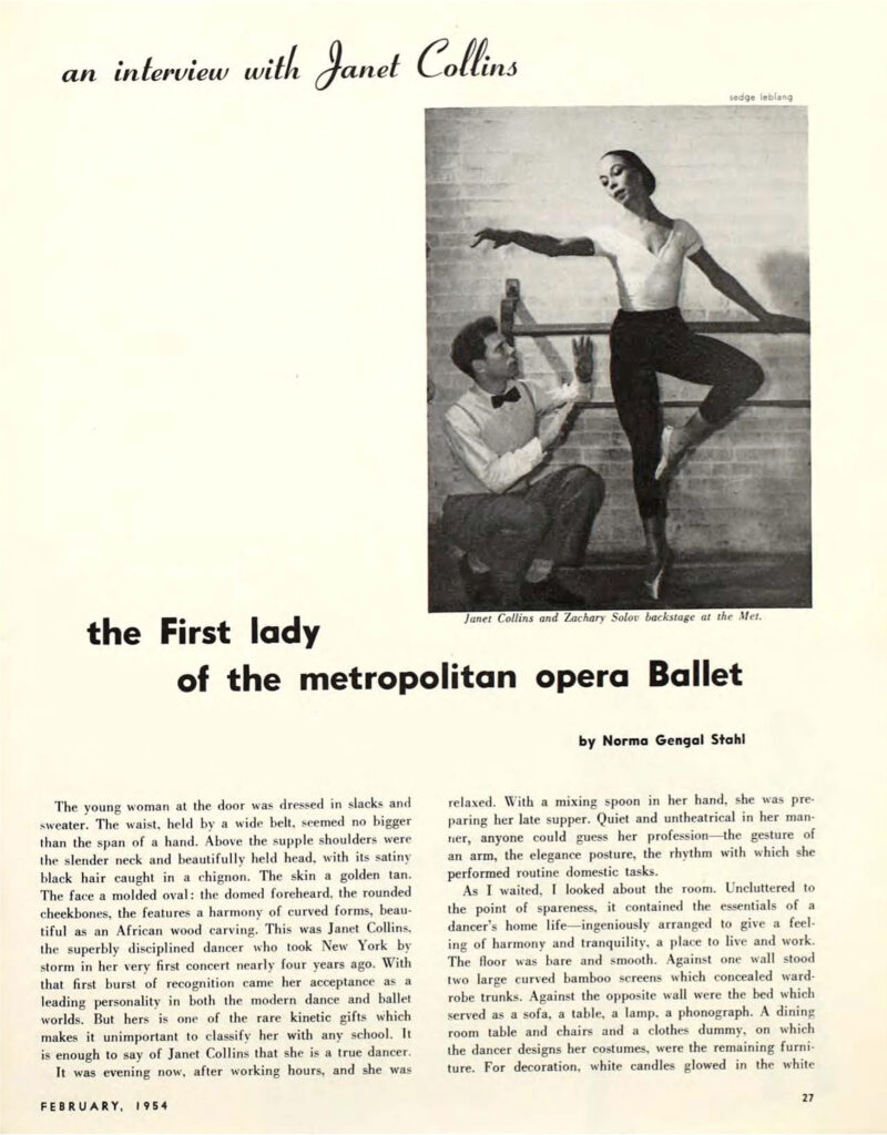 A yellowed page from an old magazine shows two columns of text beneath an image of Janet Collins in rehearsal clothes at the barre, balancing in retiré en pointe, while Zachary Solov crouches beside her to give a correction.