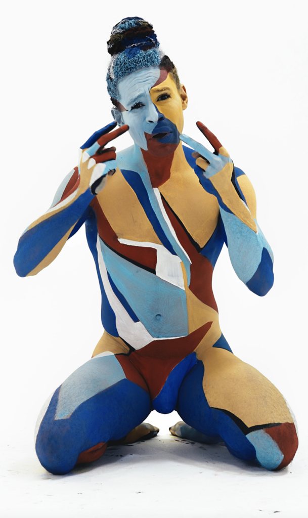 a male dancer completely covered in yellow, blue, white, and red paint