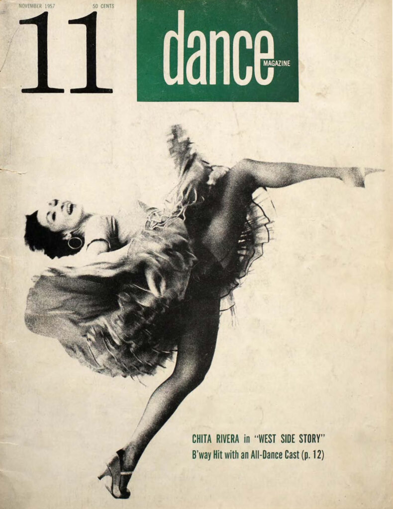 A sepia-toned magazine cover featuring a photo of Rivera costumed as Anita from "West Side Story," doing her signature layout, head back and skirts flying. The old "Dance Magazine" logo is printed in green at the upper center.