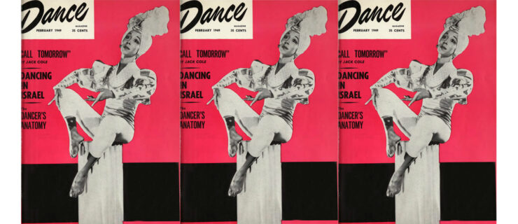 The February 1949 cover of Dance Magazine in triplicate. Janet Collins perches atop a pillar, knees bench and feet arched, her arms coming to middle fifth. She wears an elaborate but fitted costume and headpiece. Her image is in black and white, cut out against a red background. Cover lines to the left read, "Call Tomorrow by Jack Cole, Dancing in Israel, and The Dancer's Anatomy."