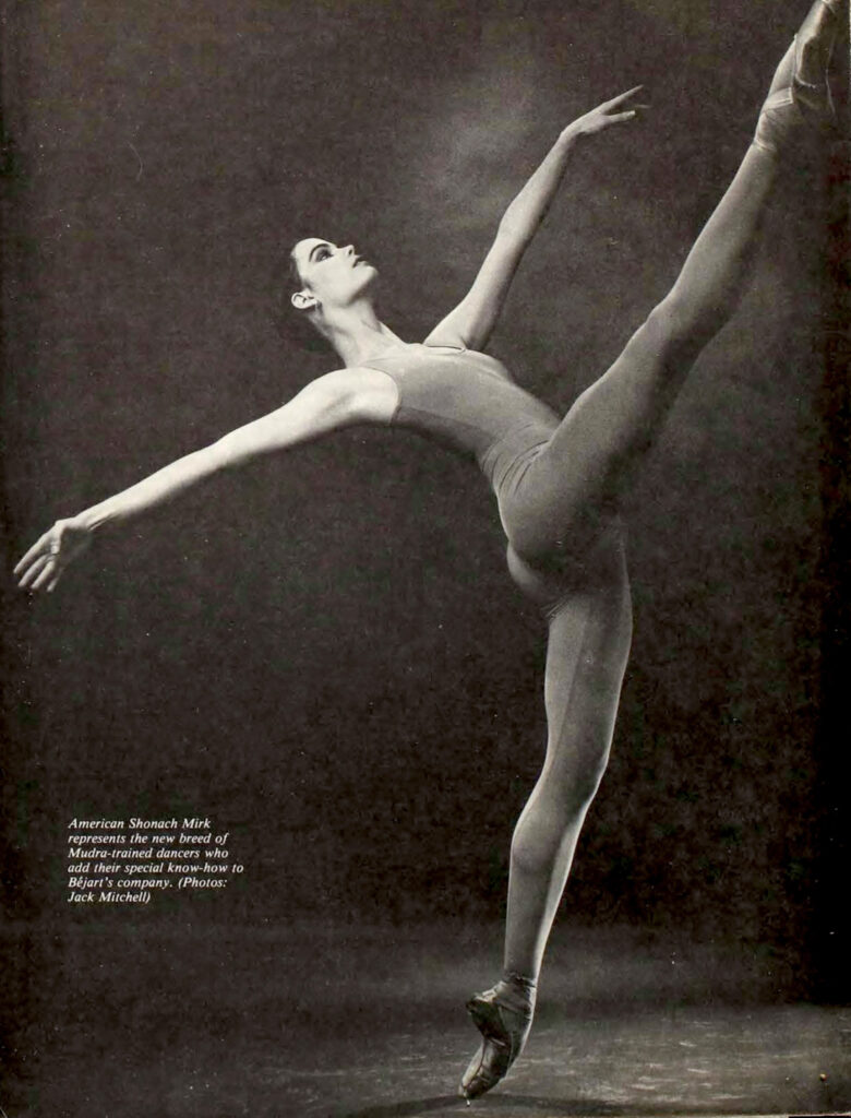 A page from the March 1979 issue of Dance Magazine. A black and white image of a female dancer in a layout en pointe is captioned, "American Shonach Mirk represents the new breed of Mudra-trained dancers who add their special know-how to Béjart's company."