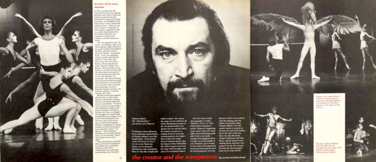 Three pages from the March 1979 issue of Dance Magazine. At the center, a large black and white portrait of Maurice Béjart, under which an article titled "The Creators and the Interpreters" begins. To the left, a performance shot of Jorge Donn in practice clothes in the Balanchine style, surrounded by female dancers in white masks. To the right, a collage of performance shots from the same ballet, showing a dancer wearing enormous wings, another dressed like Puck in A Midsummer Night's Dream, and more.