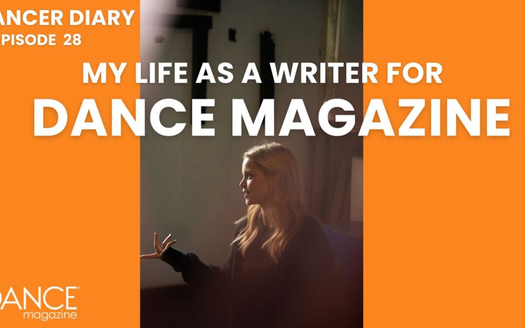 A collaged image. In the central photo, Hilton—wearing a black shirt, her long blond hair loose—is seen in profile, gesturing at an unseen interview subject with her right hand. Orange boxes flank the photo, and "My Life as a Writer for Dance Magazine" is superimposed in white text.