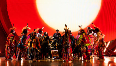 The Osage Tribal Singers and Dancers perform onstage during the Oscars. Photo by Trae Patton, courtesy Academy of Motion Picture Arts and Sciences.