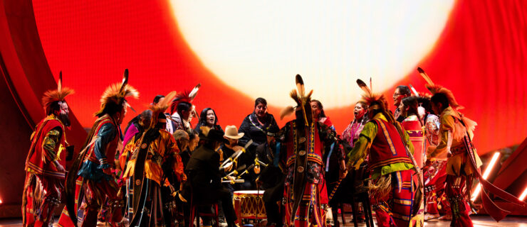 The Osage Tribal Singers and Dancers perform onstage during the Oscars. Photo by Trae Patton, courtesy Academy of Motion Picture Arts and Sciences.
