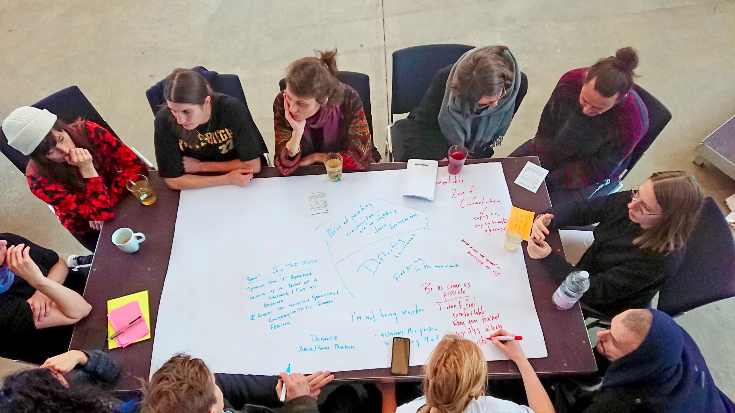 Roughly a dozen people sit crowded around a table that is mostly covered in a large sheet of paper strewn with red and blue writing. Someone adds to it in red marker while they listen to each other speak.