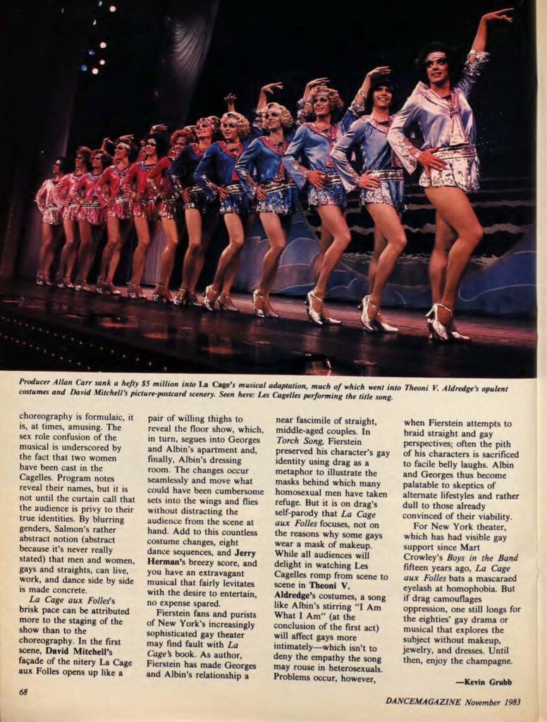 A magazine page. Across the top is a photo of the Cagelles, wearing shiny red and blue miniskirt ensembles, standing in a line, their right feet beveled next to their left feet, their left arms extended jauntily.