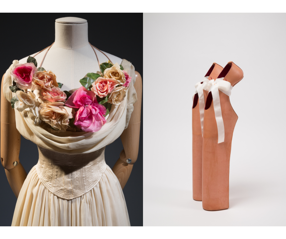 a white corset dress with a floral wreath across the chest, tall pink shoes that resemble pointe shoes