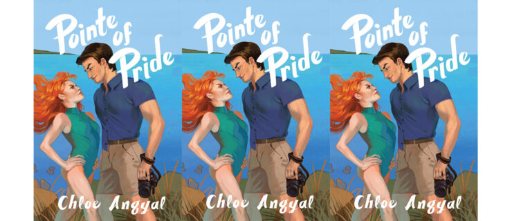The illustrated cover of Pointe of Pride. A red-headed woman in a green leotard poses with her hands on her hips, glaring up at a tanned man holding a camera. The backdrop is of beautiful blue water. White font identifies the book as "Pointe of Pride," with the author name Chloe Angyal in the same font at the bottom of the cover.