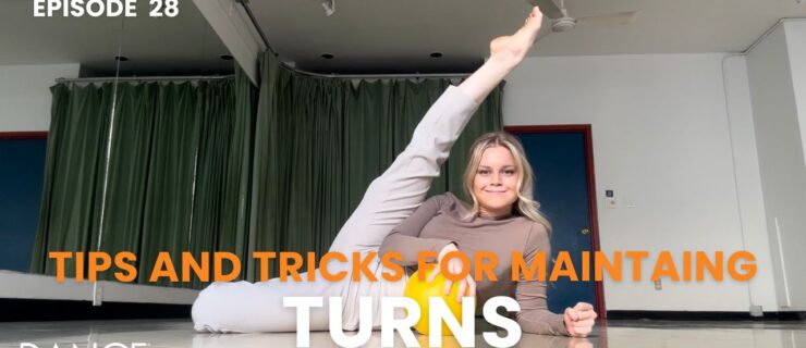 A collaged image. In the central photo, Haley Hilton lounges on the floor with her left leg bent underneath her and her right extended over her head, her right hand palming a yellow fitness ball. "Dancer Diary" and "Tips and Tricks for Maintaining Turns" are superimposed in white and orange text.