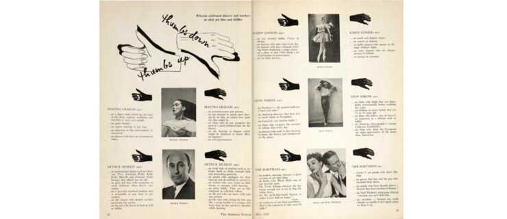 A spread from the May 1939 issue of Dance Magazine showing an article titled "Thumbs Up! Thumbs Down!" An illustration of a thumbs up and thumbs down is followed by black and white headshots of Martha Graham, Arthur Murray, Karen Conrad, Leon Fokine, and Grace and Paul Hartman. Smaller thumsb up and thumbs down are on either side of their headshots, with their quotes beneath.
